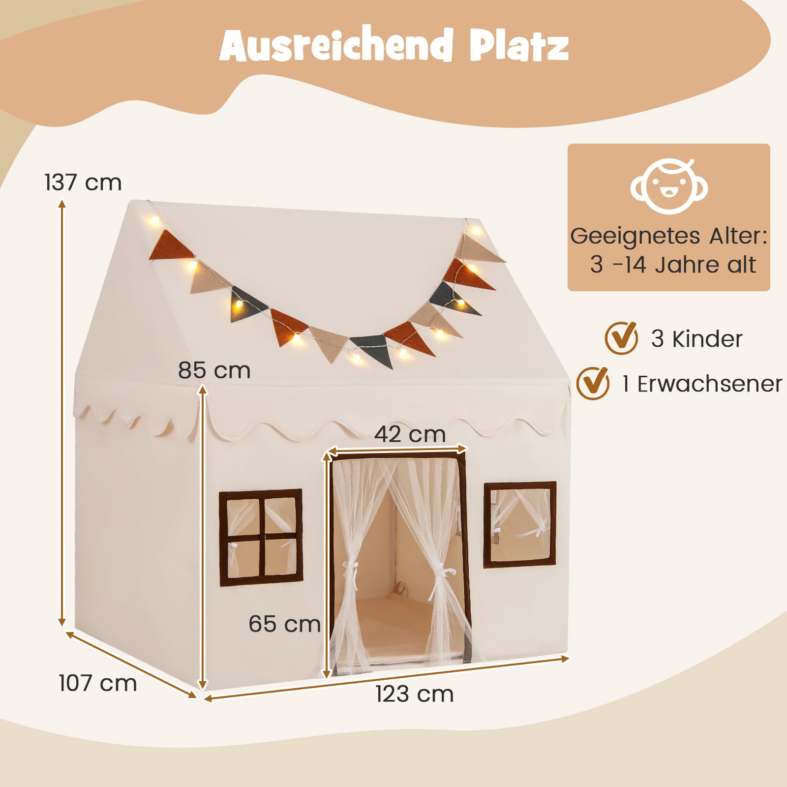 COSTWAY Spielhaus Kinder Indoor, Kinderzelt mit Matte und Lichtern, Spielzelt für Drinnen, Kinderspielhaus ab 3 Jahren für Kinderzimmer, Spielzimmer, Party