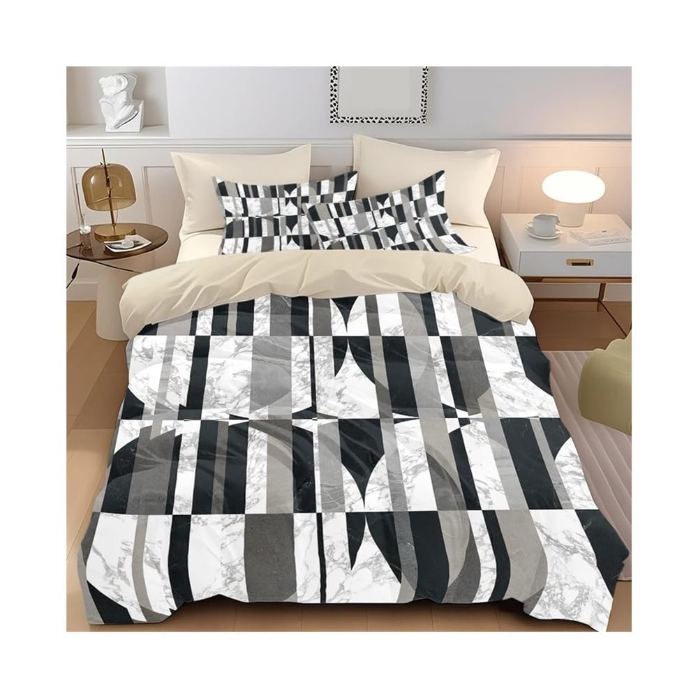 VHKJewE 3Pcs Black and White Geometric Splicing Printed Duvet Cover Set Modern Soft Cozy Quilt and 2 Pillow Bedding(200x200cm)