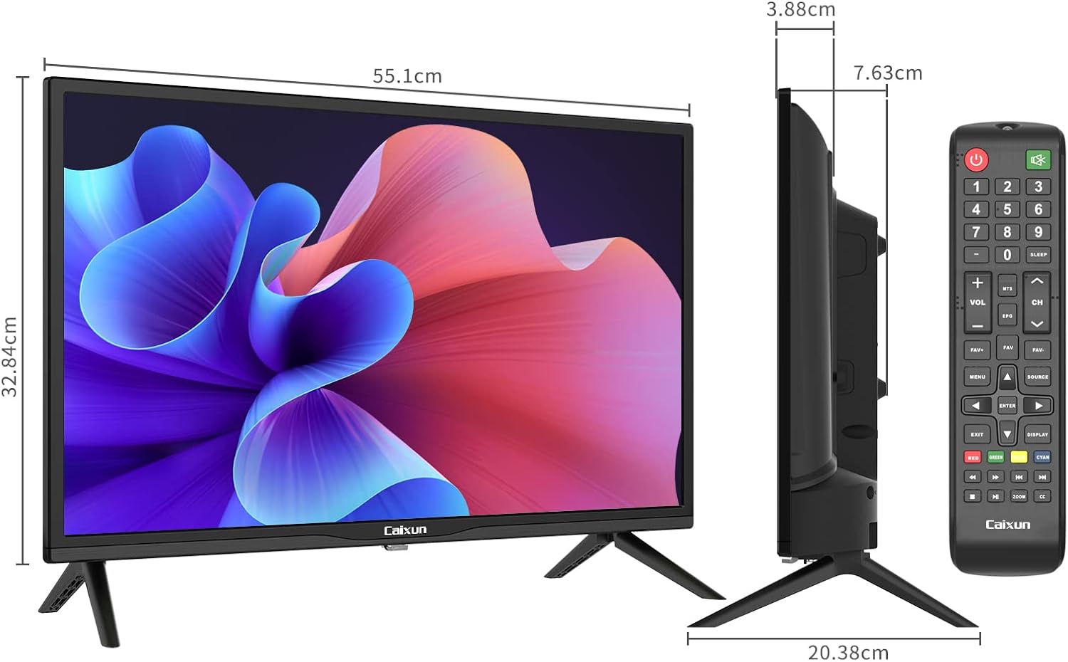 Caixun EC24Z2 TV 24 Pollici, HD Televisori, Dolby DTS, (Tuner Triplo (DVB-T2/T/S2/S), HDMI, USB, Media Player, [Classe di efficienza energetica F]