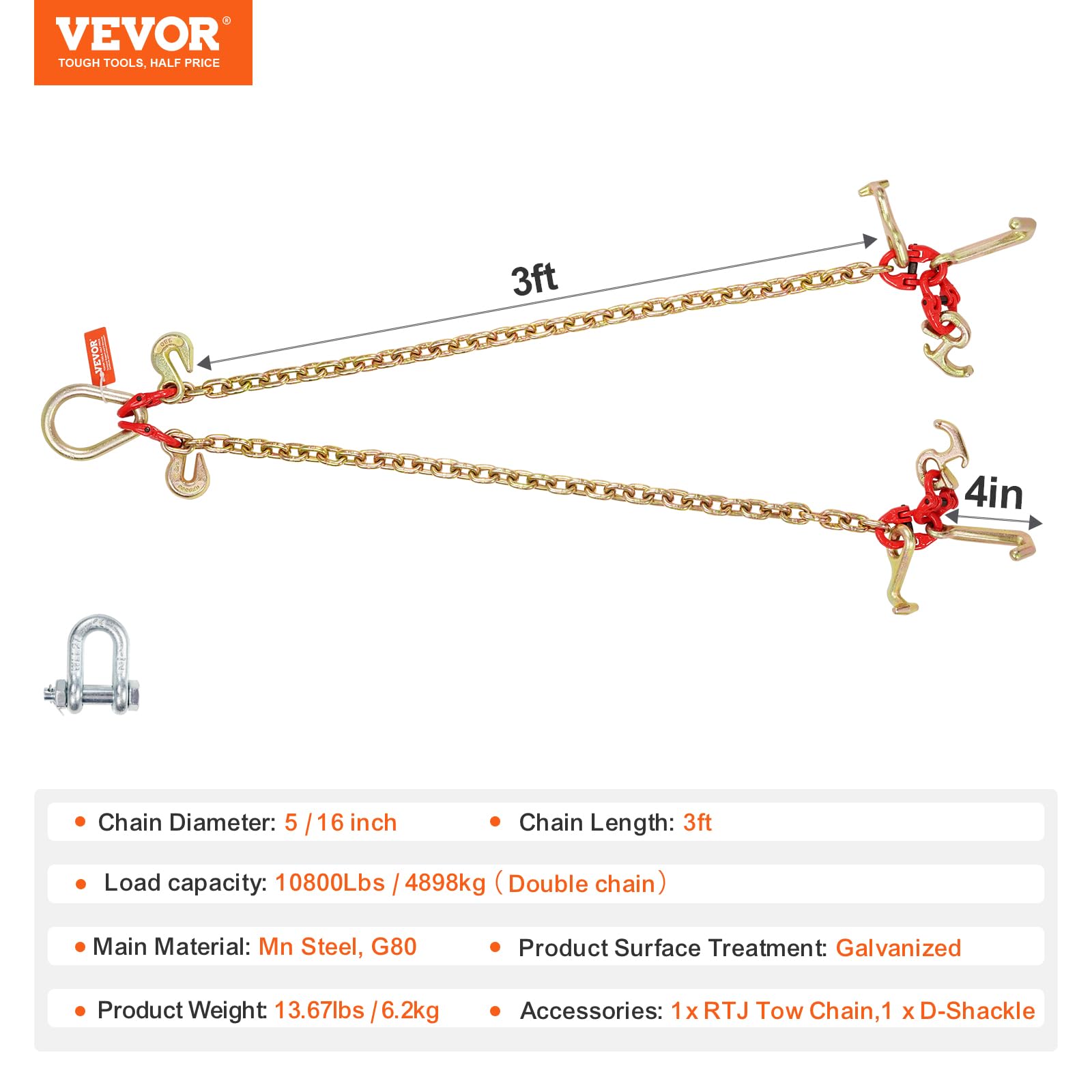 VEVOR RTJ hak holowniczy, nośność 4898 kg, łańcuch do przyczepy G80 V z hakiem zabezpieczającym, 8 mm x 90 cm, do rozwiązywania problemów, transportu, holownika, ciężarówki z platformą
