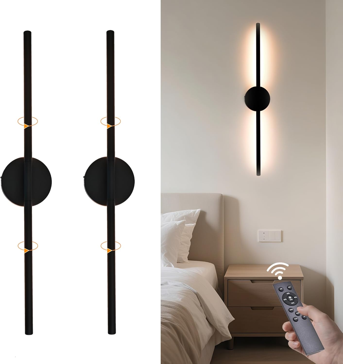 Wireless Wall Sconces Set of 2 Linear，20Inch Battery Operated Wall Lights with Remote Control，360°Rotate Dimmable Wall Lamps for Living Room, Bedroom and Hallway (Black)