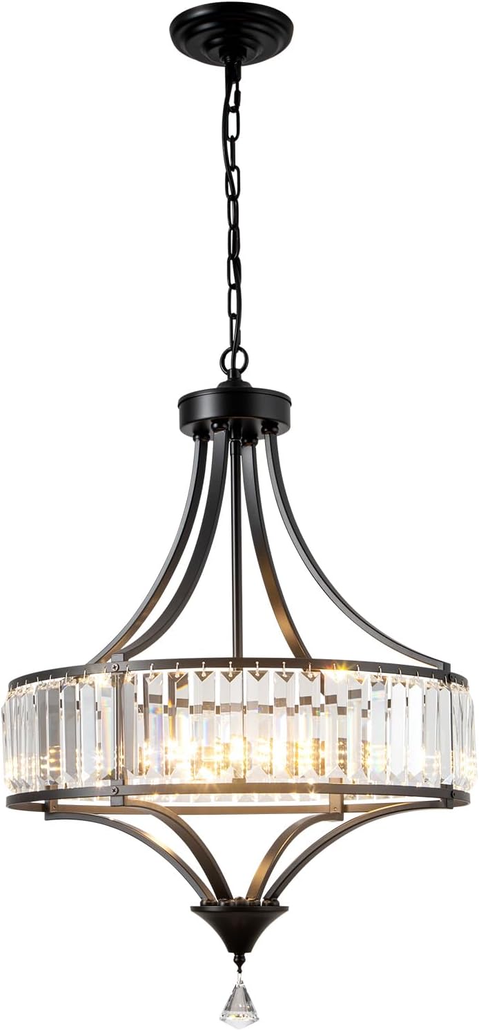 Crystal Black Chandelier Rustic Pendant Light Modern Farmhouse Chandeliers Antique Hanging Light Fixture for Living Room Bedroom Foyer Kitchen Island Entryway 20" W