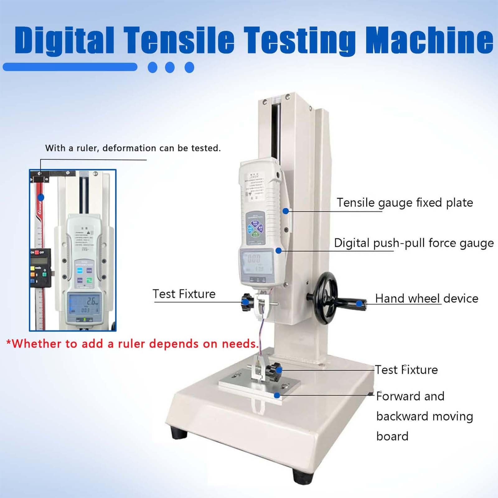 Digitale Zugprüfmaschine, Push-Pull-Messgerät mit übersichtlichem Display | Von 10–2000 N Kapazität, 270 mm Hub, Handradbedienung for Druck- und Zugtests, USB-Datenexport