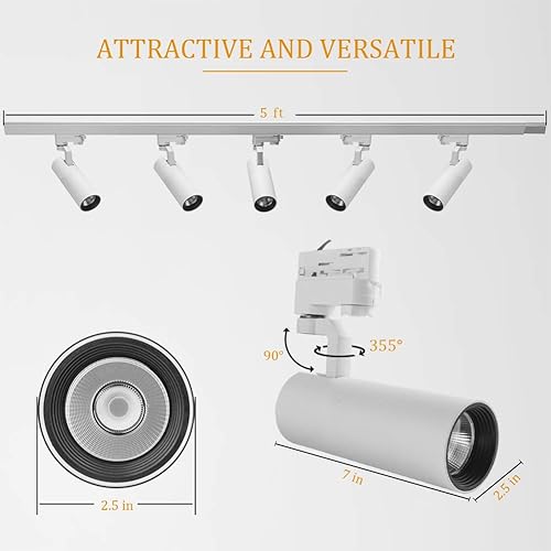 Miniatura 9 de UPO Kit de iluminación de pista LED, 5 luces 1500lm15w CRI90 4000K ángulo de haz de 24, cabezal de pista ajustable, fácil instalación, bombillas LED