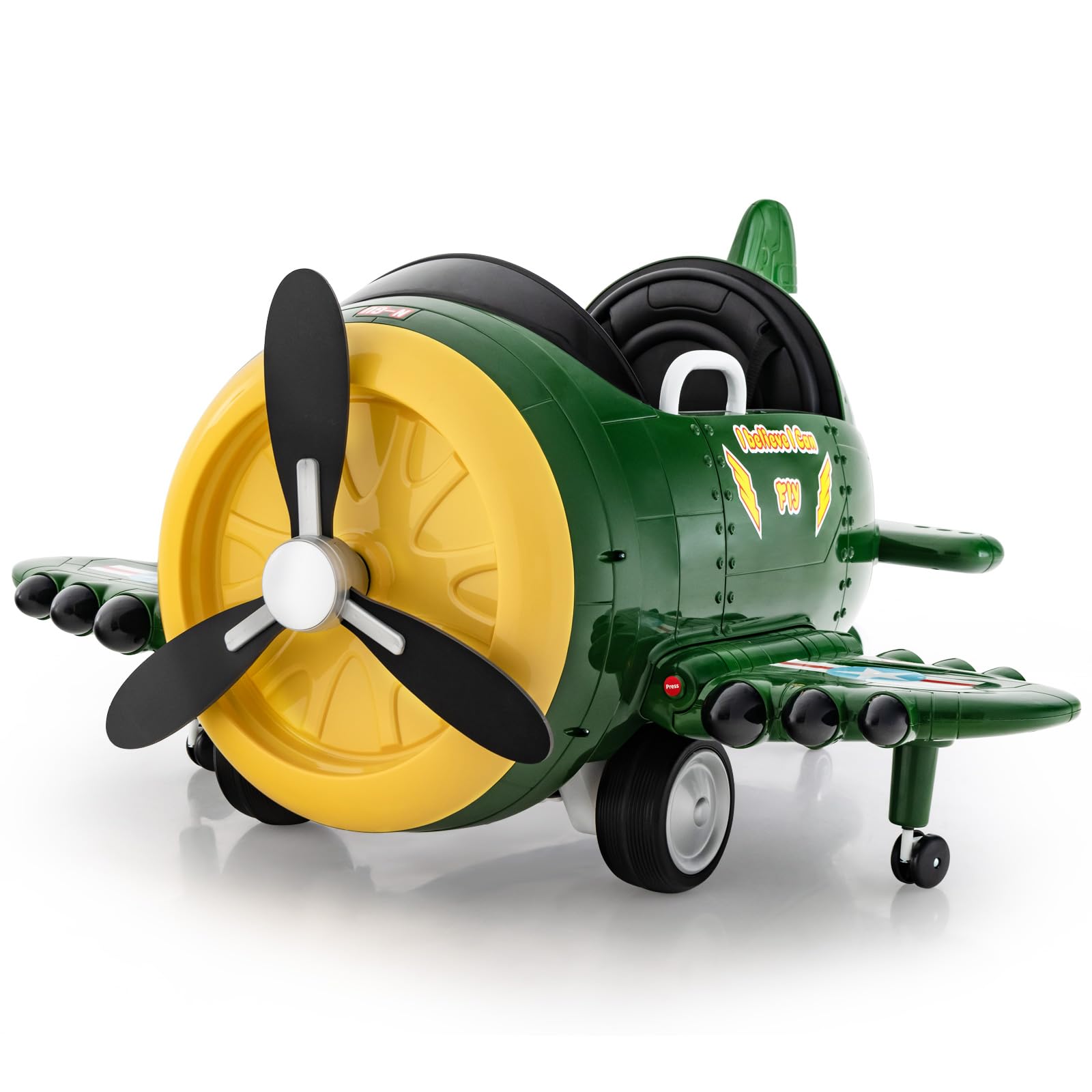GYMAX Kids Ride on Car, 12V Battery Powered Car with Remote Control, Joysticks, Folding Airfoils, Rotary Propeller, Sounds, Music, USB & Wireless, Electric Airplane Toy for Boys Girls (Green + Yellow)