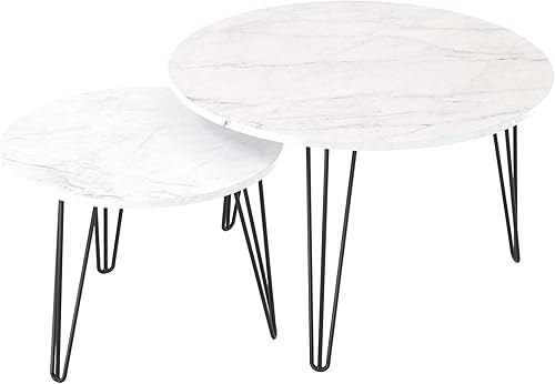 Miniatura 8 de Juego de 2 mesas auxiliares redondas de 27.56 pulgadas, juego de mesa auxiliar circular moderna con mesa de madera y base de metal para sala de