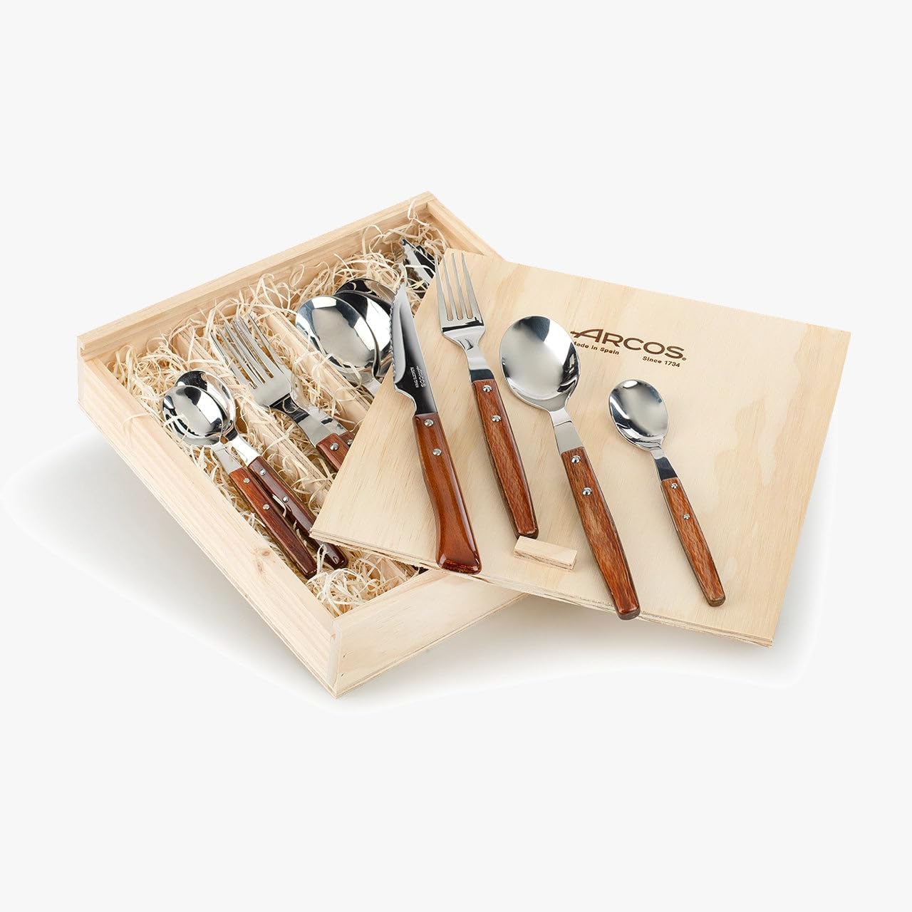 Arcos 16-Piece Flatware Set – Stainless Steel Silverware with Wooden Handles – Brown Cutlery Utensils for Everyday Dining, Kitchen Tableware, Dinnerware - Forks Spoons Knives Set