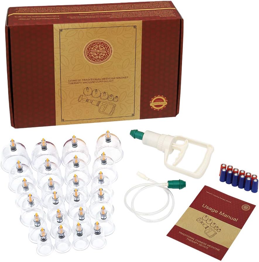 24 Cups Chinese Cupping Therapy Sets , Professional Vacuum Cupping with Extension Tube and Detachable Magnetic Needle for Joints, Knees, Elbows, Shoulders, Cellulite Cupping Massage Back Pain Relief