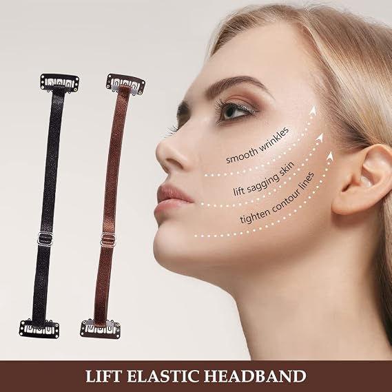 Face Lifting Tape Bands, Face Lifting Band, Facelifting Bands with Clips, Facelifting Invisible Hair Bands for Chin, Neck and Eyes, Reusable Facelift Band, 2 Pieces (Black + Brown)