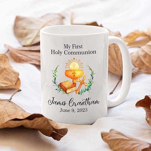 Miniatura 4 de Tazas personalizadas de la Santa Comunión de 11 onzas y 15 onzas, taza de café blanca con texto en inglés "My First Holy Communion", regalos para la