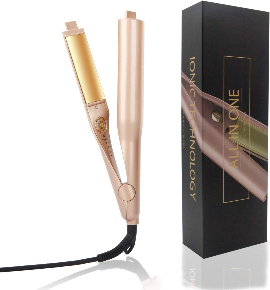 2- in -1 Hair Curler and Straightener Iron Pro Professional Flat Iron with 3D Float Titanium Plates,Ionic Straightener,Automatic Release Negative Ions V6(Gold)