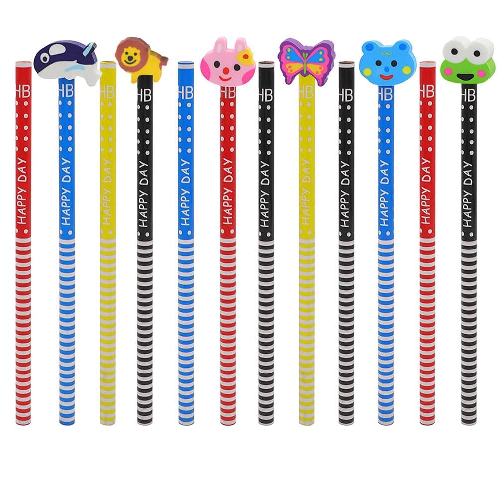 Pencil Erasers Toppers, 12 Pack Cute Fun Animal Pencil Top Erasers, Colorful, Durable, Latex-Free Cap for Pencils, Erases Cleanly for School Classroom Supplies