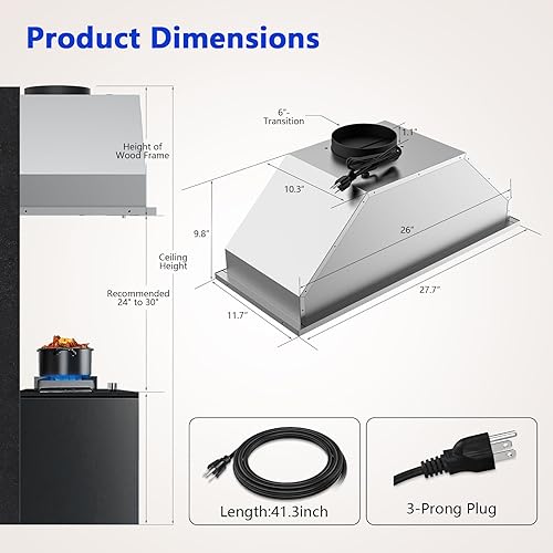 Miniatura 7 de Inserto de campana de cocina de 30 pulgadas con 750 CFM, inserto convertible de campana de ventilación de cocina con conductos y sin conductos