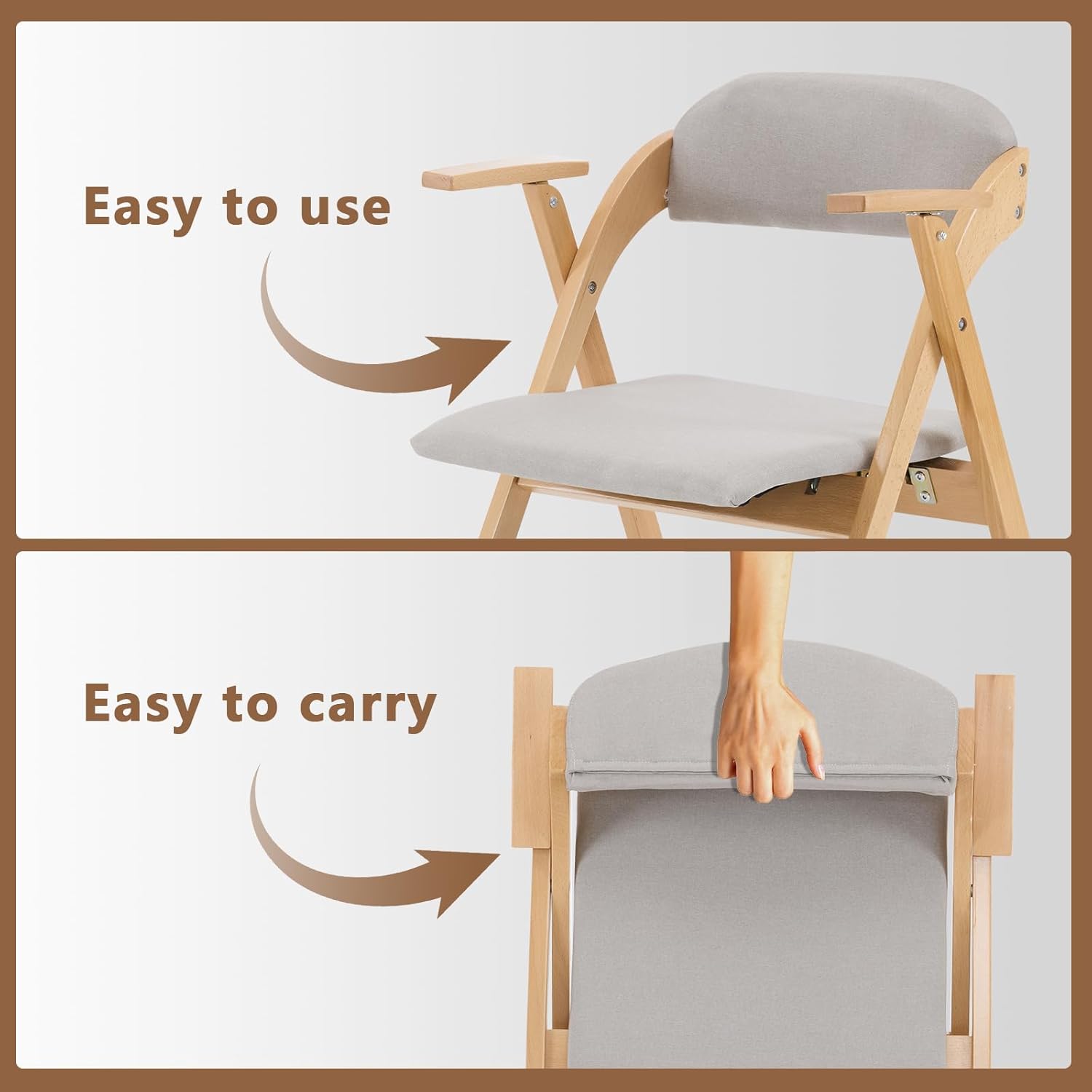 Folding Chairs Set of 2, Wooden Stackable Dining Room Chairs with Padded Seats and Armrests, for Guests,Kitchen,Office, Wedding,Party(23.6" x 21.8" x 31.4") (Light Gray)