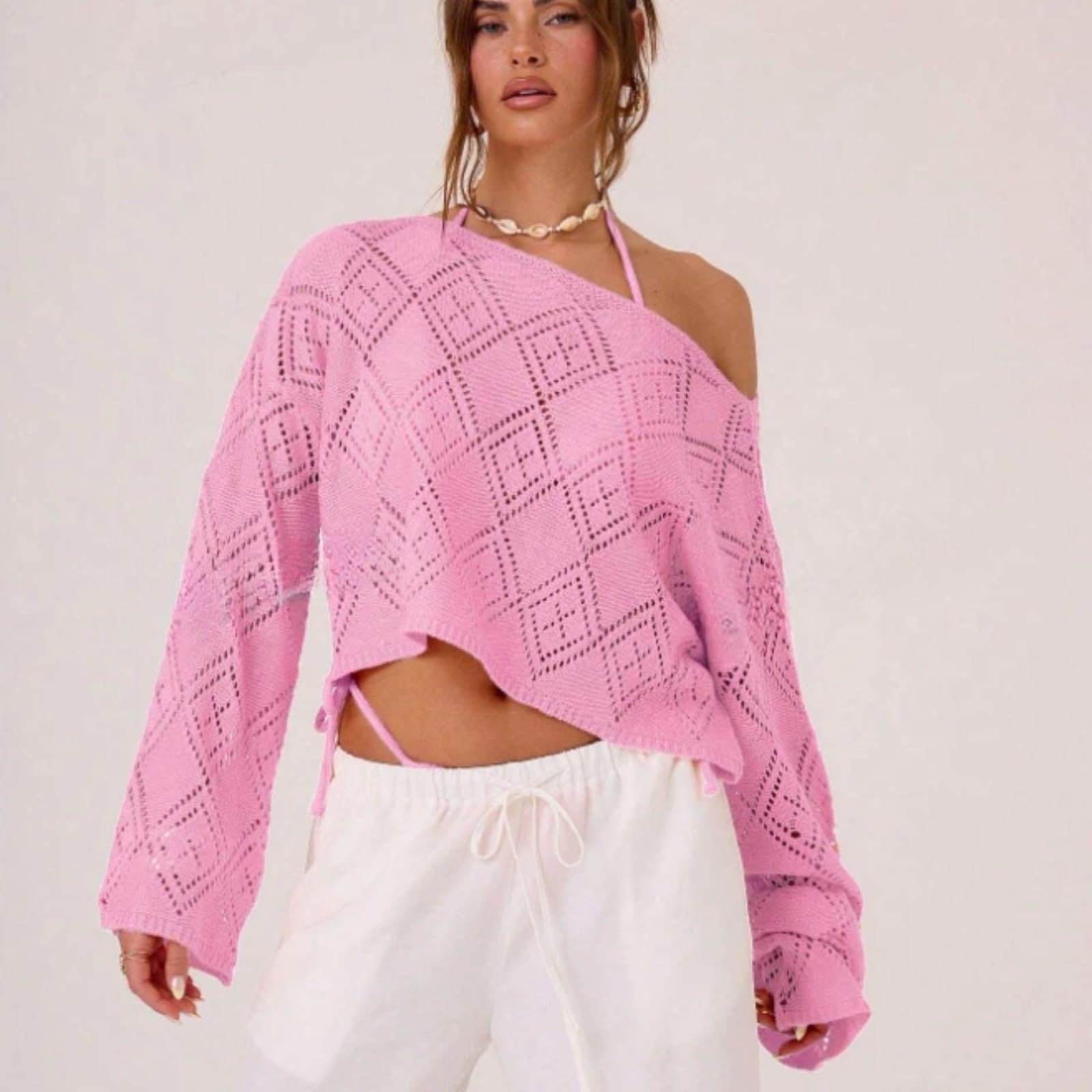 Top Crop tricoté décolleté, Pull Manches Longues ajouré