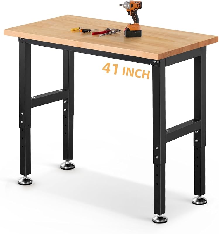 Banco de trabajo Banco de trabajo de 41 pulgadas para garaje Mesa de trabajo resistente de altura ajustable Mesa de madera de caucho para cortar madera Tienda Oficina en el hogar Carpintería electrónica