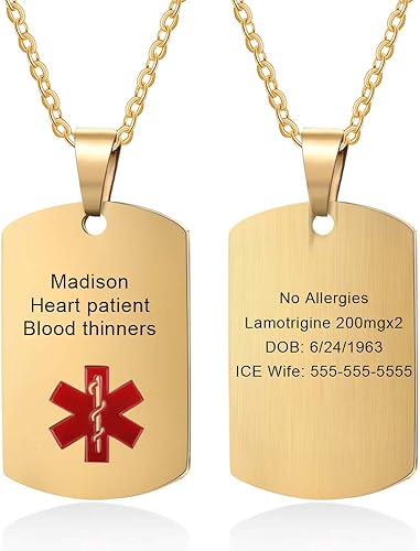 kaululu Collar de alerta médica de acero inoxidable grabado con etiqueta de identificación médica de emergencia, collar de alerta médica para