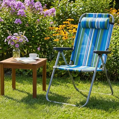 Image of ORILEY Folding Beach Chair with Adjustable Pillow and Arm Rest Portable Lightweight Rainbow Stripped Foldable Fishing Chairs for Travelling Picnic & Outdoor (Large, Blue & Green Stripe)