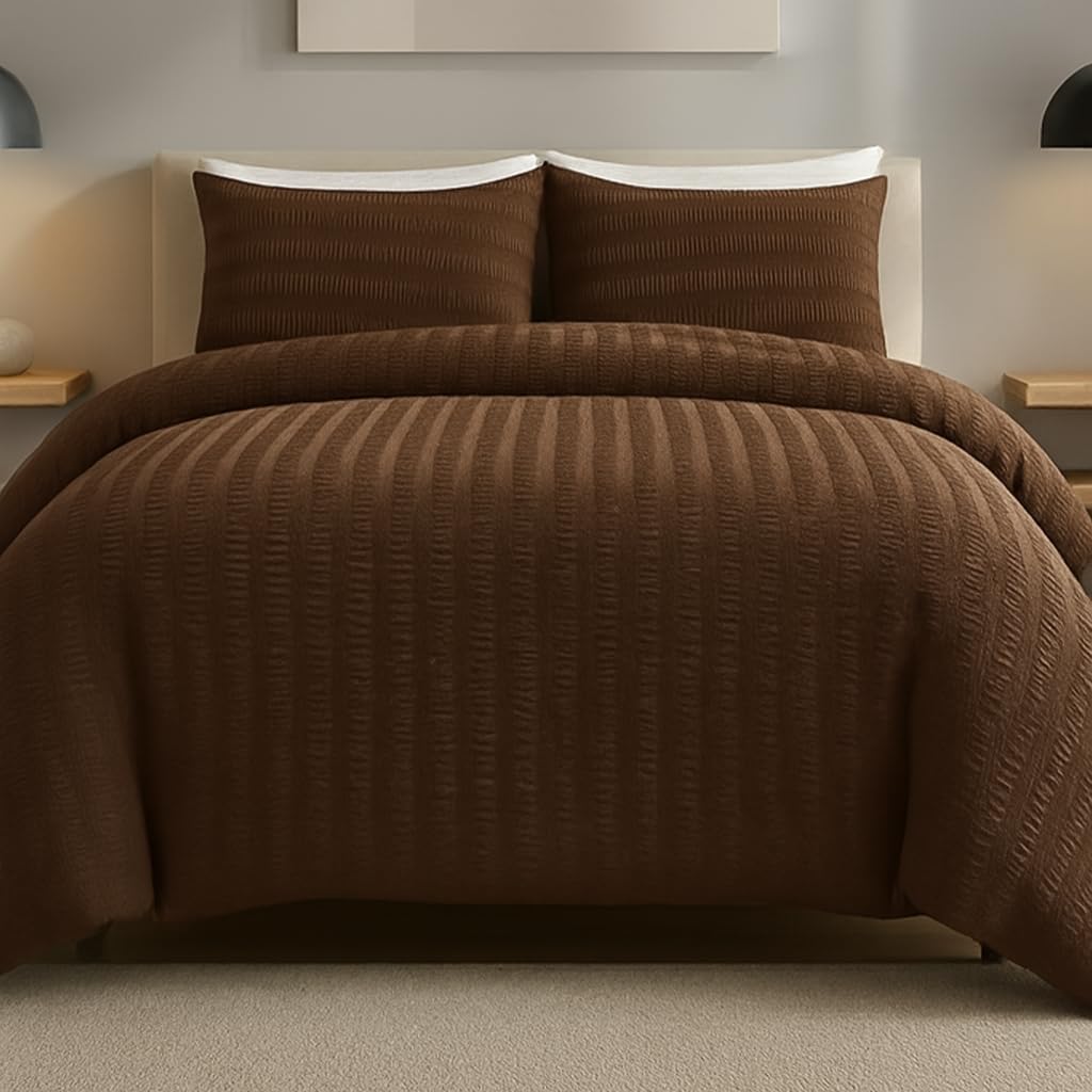 AHS - King Chocolate Brown Seersucker Duvet Set Cover With Pillow Case - Multiple Sizes - Complete Bedding Set - Ultra Soft Brushed Microfiber - EasyCare & Machine Washable — image 1