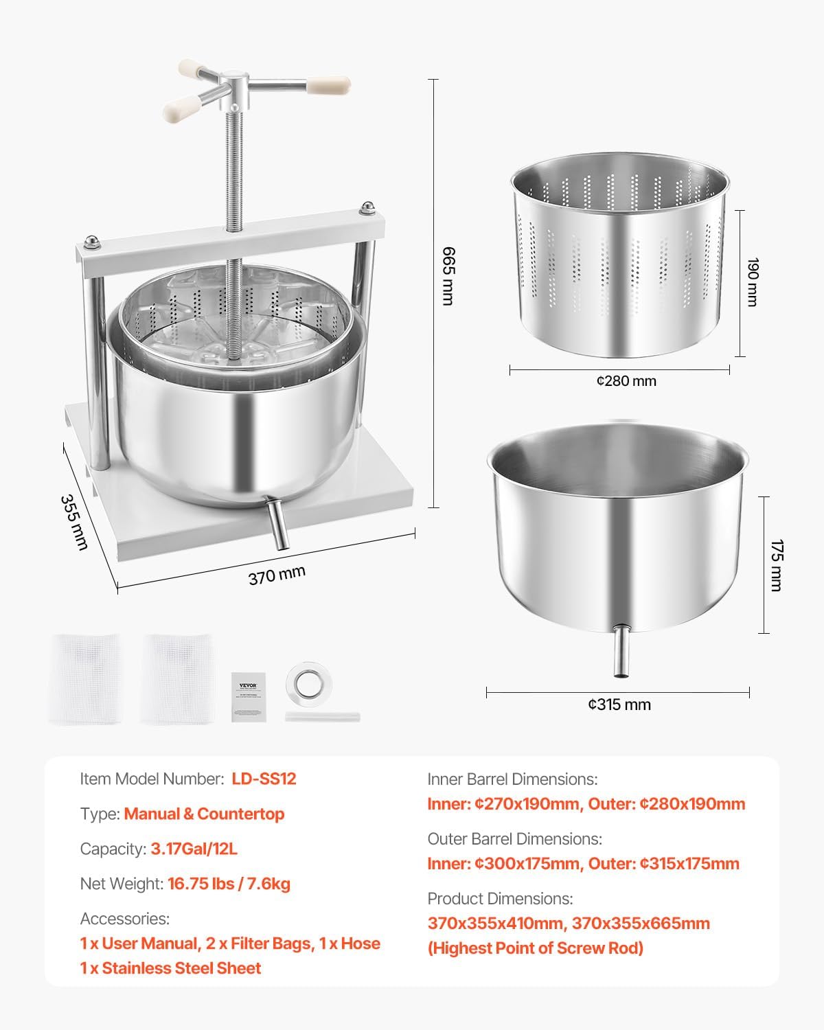 VEVOR Pressoir à Fruits Manuel 12 L Pressoir à Vin en Bois Massif avec 6 Blocs de Pressage Presse-Fruits Manuel Longue Poignée Broyeur de Fruits Légumes pour Pressage de Vins Jus de Fruit Cidre Purée