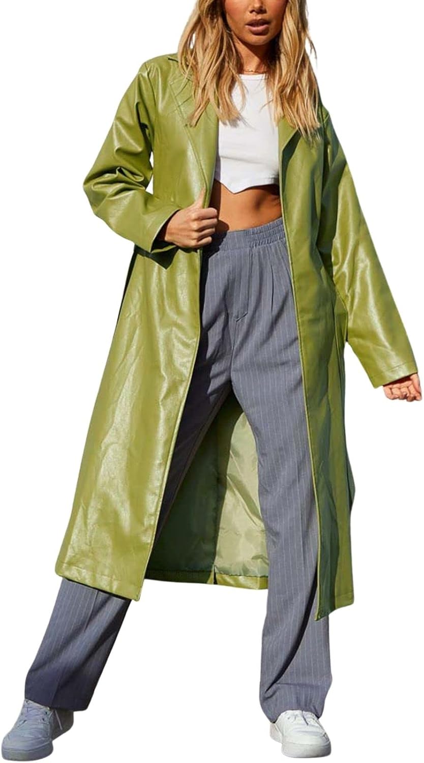 chouyatou Women's Casual Lapel Open Front Pu Faux Leather Long Trench Coat with Belt