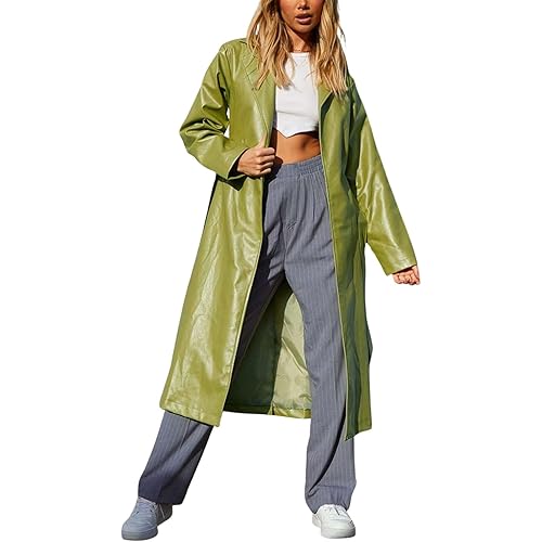 chouyatou Women's Casual Lapel Open Front Pu Faux Leather Long Trench Coat with Belt