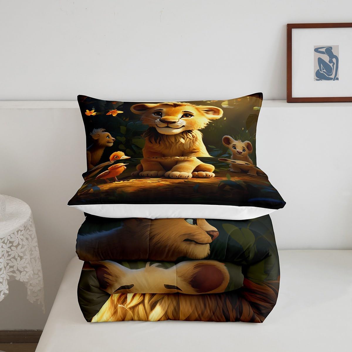 Feelyou Cute Lion Bedding Set Full Size 3D Print Comforter Set for Kids Teens Bird Comforter Wild Animal Quilt Set 3Pcs