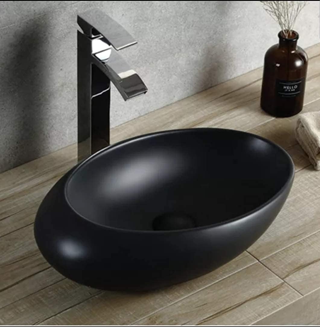 B BACKLINE Ceramic Designer Oval Shape Premium Counter Top/Over Counter Wash Basin Table Top/Vessel Sink For Bathroom & Living Room 19 X 12 X Inch (Black Matt)
