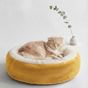 Çift Renk Simit Kedi Yatağı, Küçük Irk Köpek Yatağı, Sarı 55 Cm