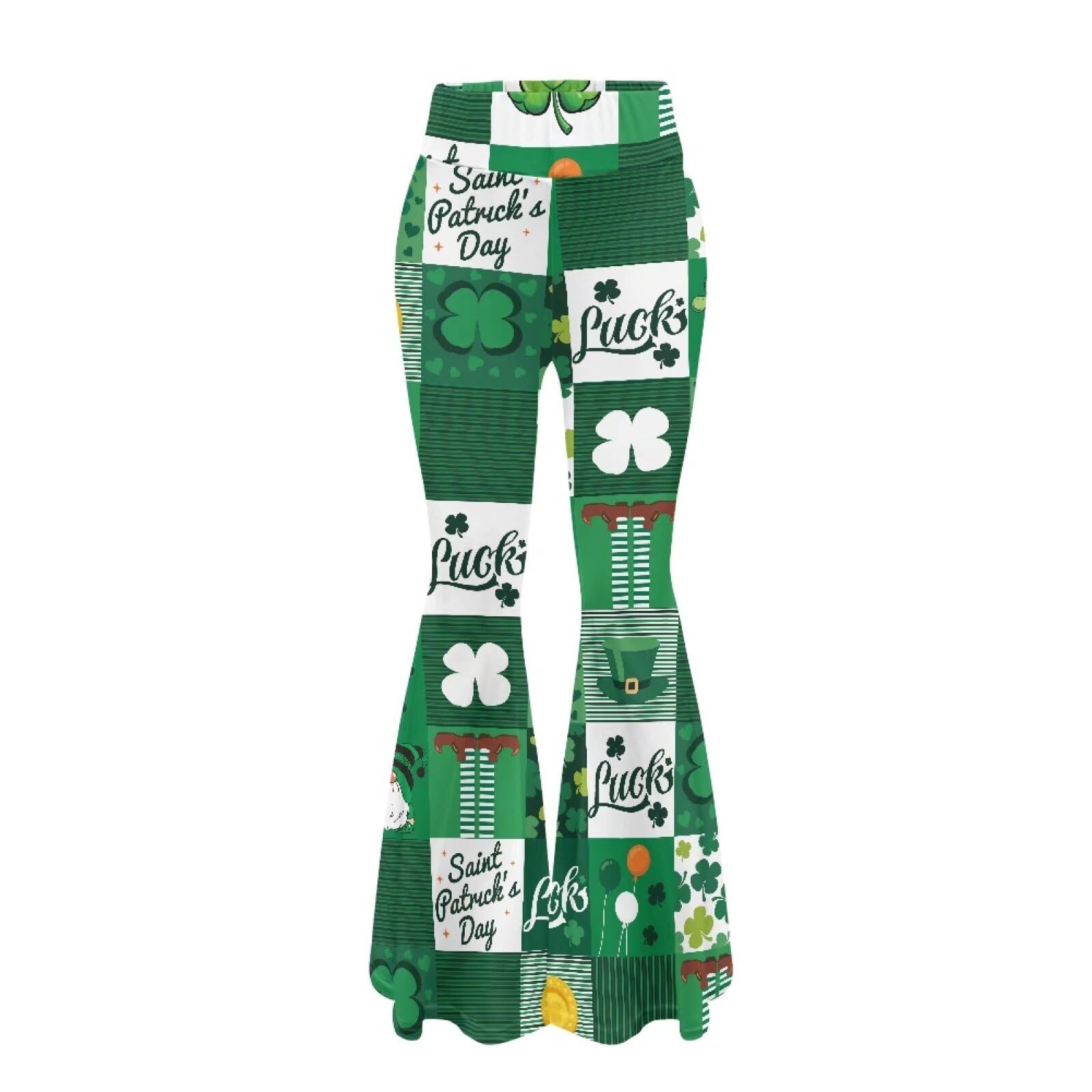 Amzbeauty St. Patrick's Day Plaid Print Petite Flare Pants for Women Ladies Teen Girls Long Pants Trousers Bell Bottom