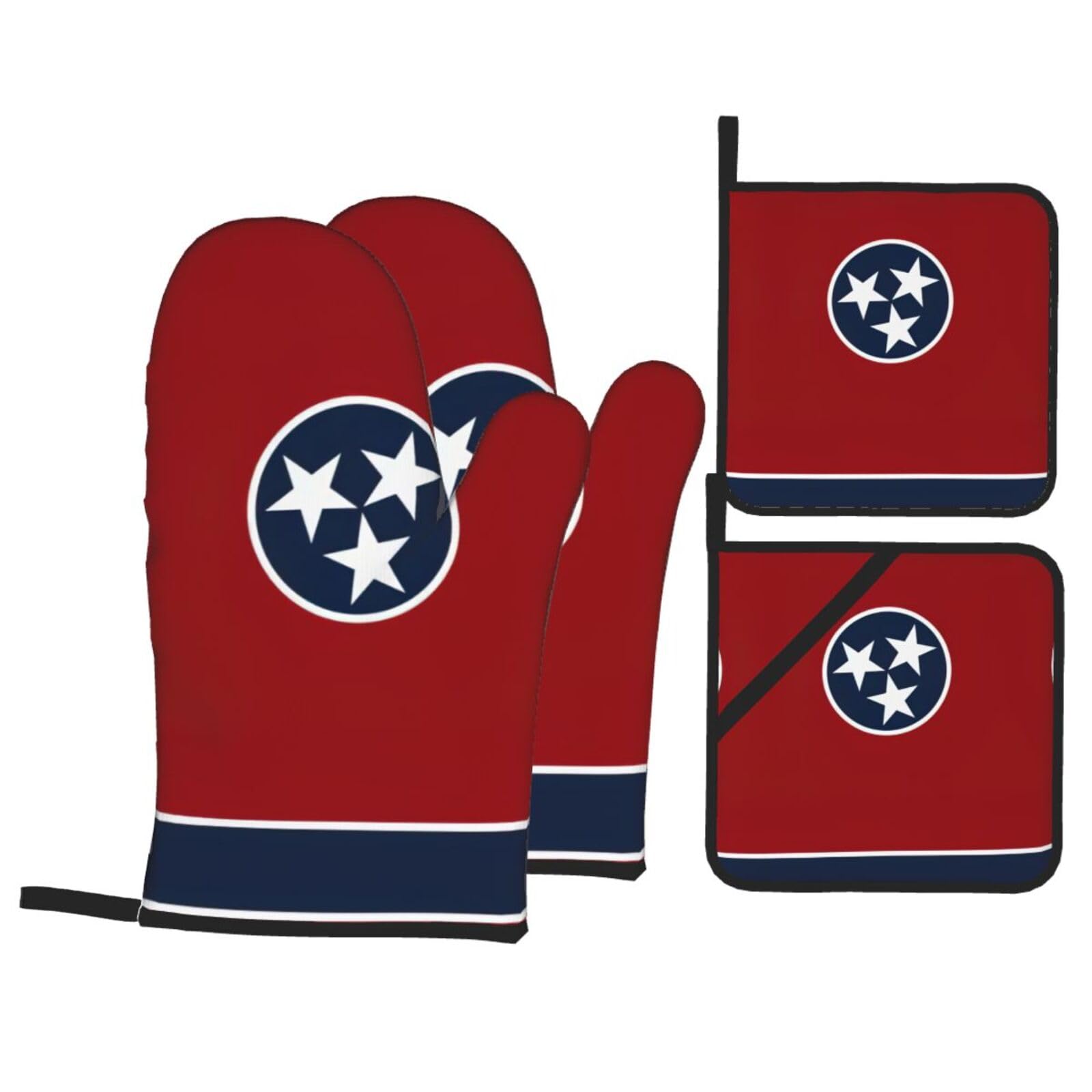 Nimongt Black Tennessee State Flag Print Heat-Resistant 4-Piece Oven Kitchen Gloves For Baking Cooking Microwaving Essentials