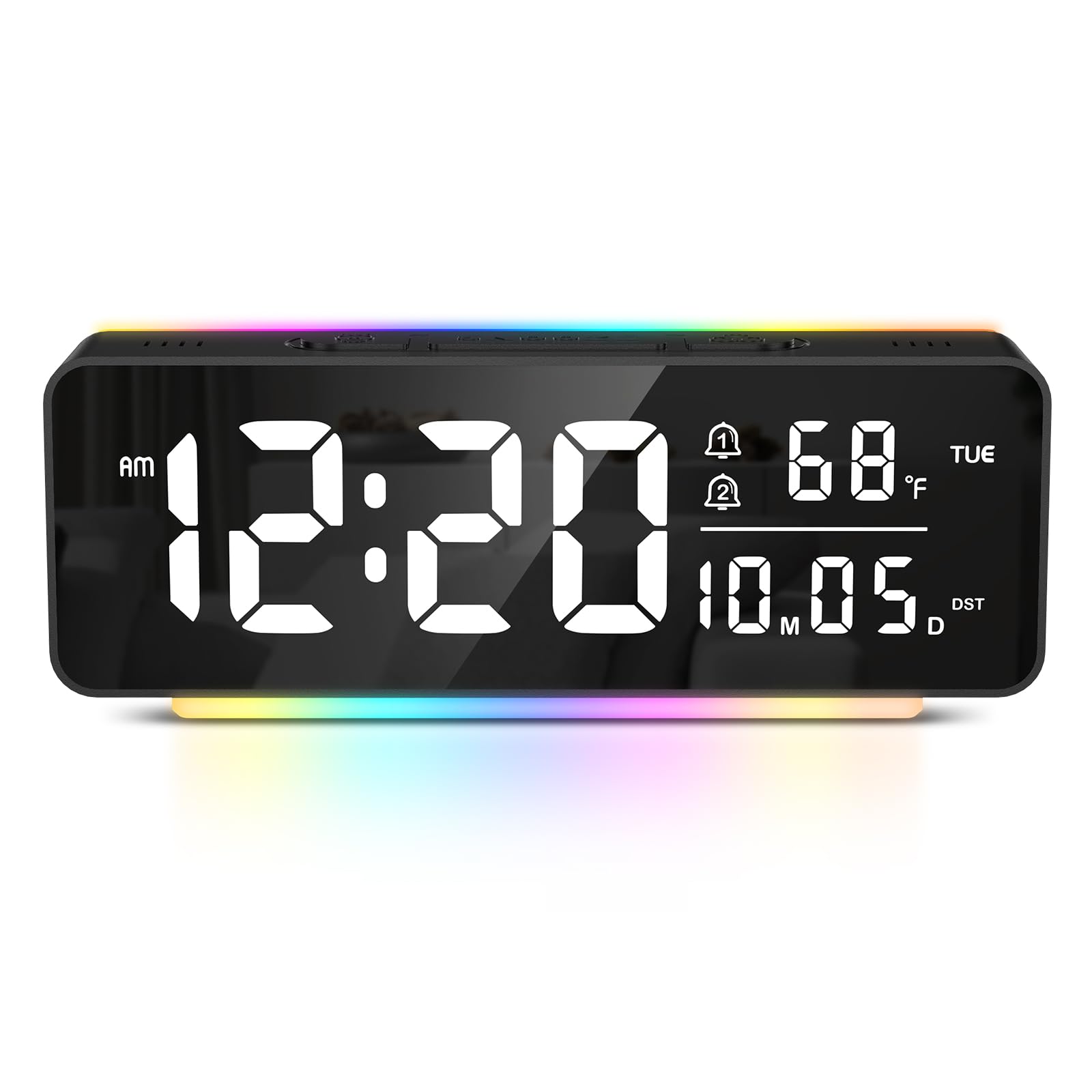 OQIMAX 6.5in Digital Alarm Clock with RGB Lights, Mains Powered Bedside Clocks with Temperature, Date &Week, DST Function, Dimmer, Dual Alarm & Snooze, 3 Volumes, Led Clock for Bedroom