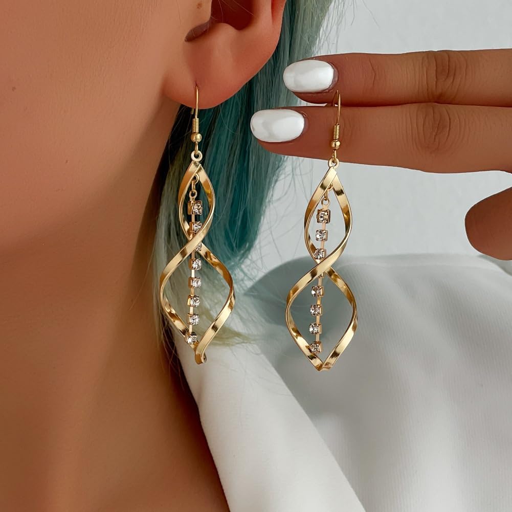 Elegant Spiral Long Drop Earrings, Gold-Tone with Crystal Accents, Twisted Double Helix Design, Statement Dangle Fashion Jewelry - Image 2