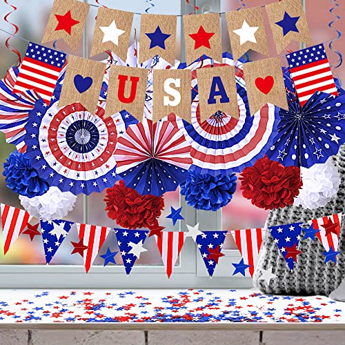 Image of 4th of July Patriotic Decorations Set- Fourth of July American Flag Party Supplies, Red White Blue Paper Fans, Star Streamer, Hanging Swirls, Flower Balls, USA Banner Flag Pennant Bunting Party Favors