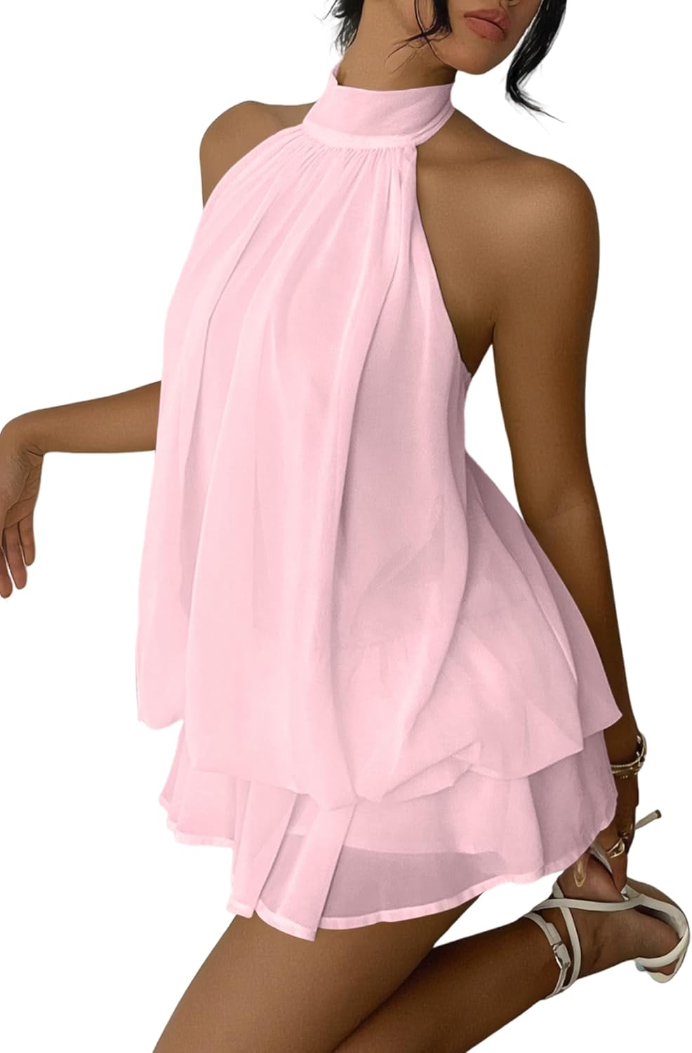 Women's Chiffon Halter Drop Waist Mini Dress Wedding Guest Dresses Ruffle Formal Holiday Club Brunch Outfits - Image 2