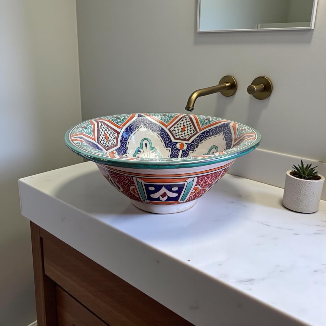 Lavabo Marocchino in Ceramica Dipinta a Mano, 40 cm, Motivo Floreale Blu e Verde, Fes Artigianale