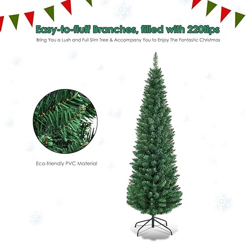 Miniatura 5 de Goplus - Árbol de Navidad de 5 pies, árbol de Navidad artificial delgado con 220 puntas de rama, soporte de metal resistente, árbol de Navidad