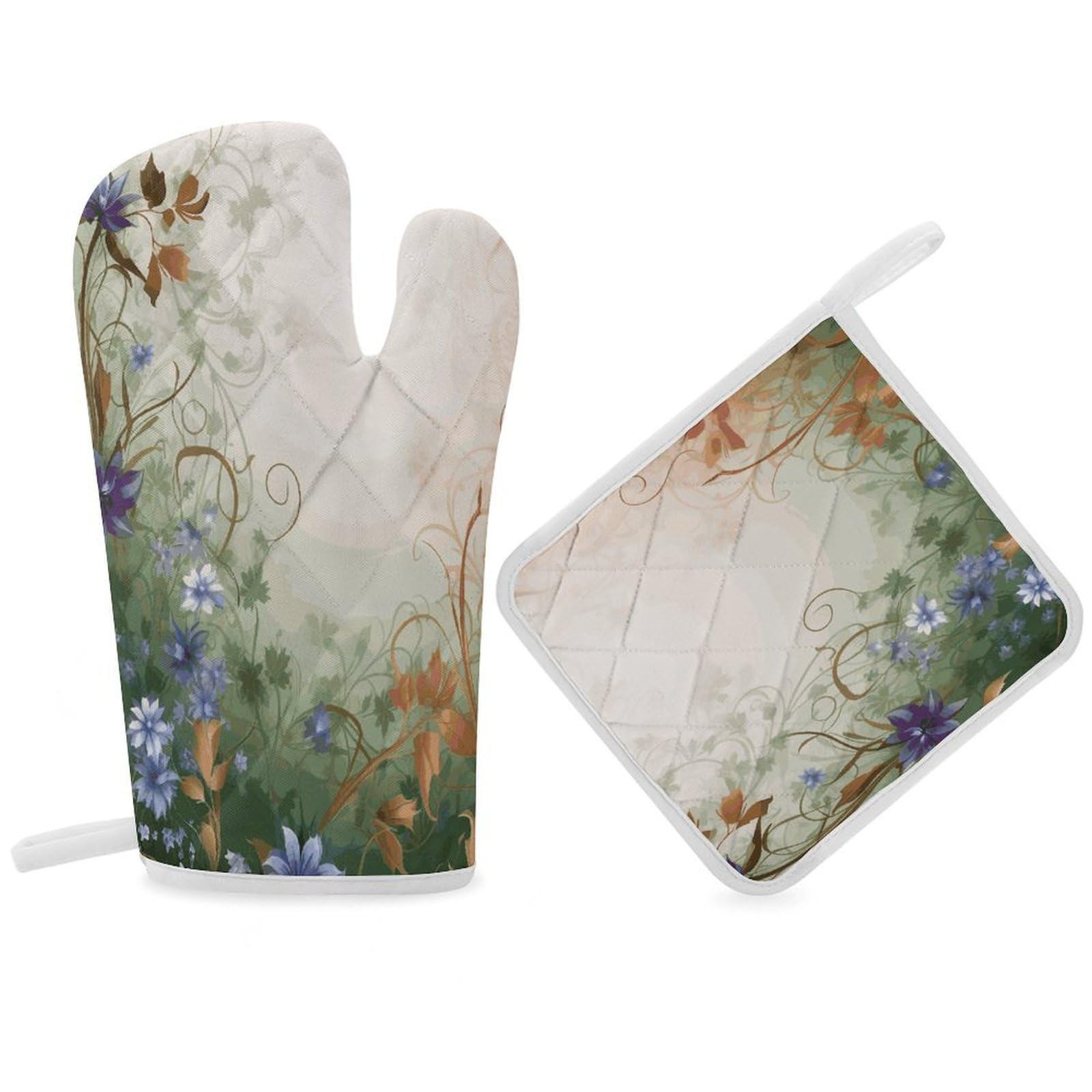 Fodpand Women's Style Floral Swirls Ivy Oven Mitts And Pot Holders Sets,Oven Gloves For Kitchen Oven Mitts And Potholders For Baking Cooking Grilling Apartment Essentials