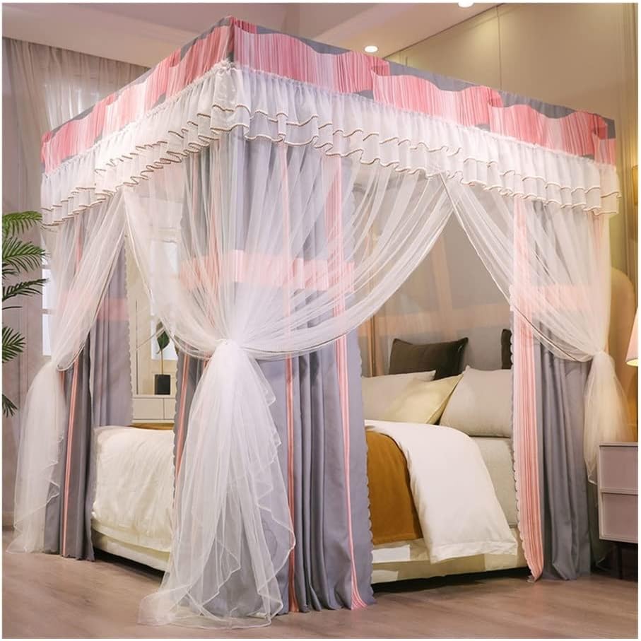 Bed Curtain for Kids & Adults 4 Corners Post Bed Canopy 2 in 1 Lightproof Cute Cozy Drape Square Netting 3 Opening Mosquito Net Princess Bedroom Decoration (Color : D, Size : 47 *