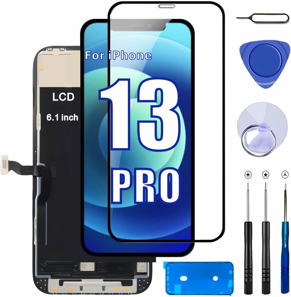 passionTR for iPhone 13 Pro LCD Screen Replacement Kit, 6.1’’ 3D Touch Display Digitizer Replacement Screen COF Full HD Assembly Stainless Steel Repair Kits + Waterproof+Screen Protector(Incell)