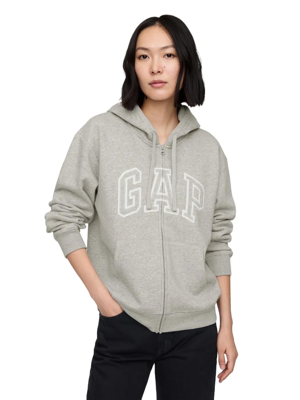 GAP Women's Logo Hoodie Hooded Full Zip Sweatshirt, Light Heather Grey, M