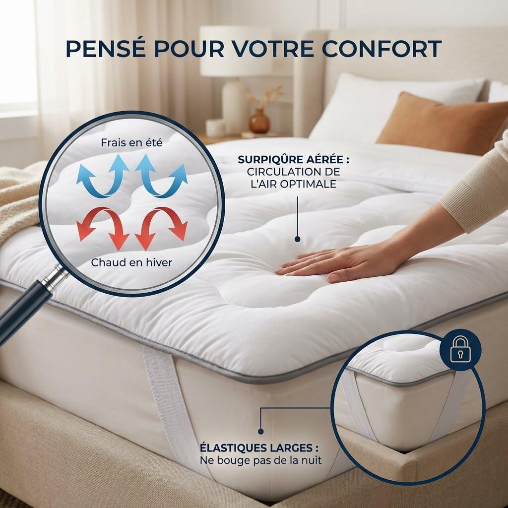 CASABEL Surmatelas Nuage 140 x 190 cm en Microfibre - Confort Optimal - Moelleux, Anti-acarien, Respirant- pour Matelas 2 Places Adulte et Enfant, Clic Clac, BZ