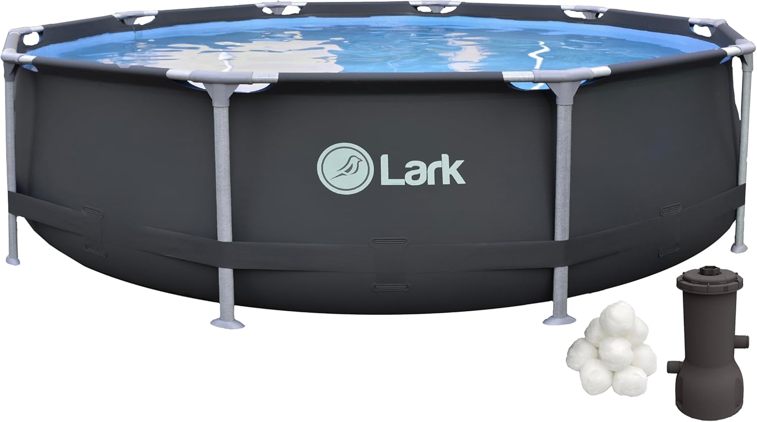 Lark Rust Proof 10' ft. x 30" inch Fiber Glass Frame Above Ground Swimming Pool - Graphite Pool Color with 530 Gallon Filtration Pump System and Filter Ball Technology
