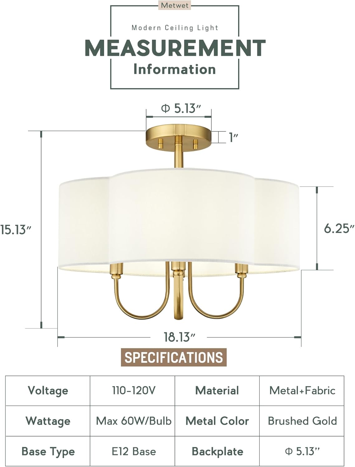 Gold Semi Flush Mount Ceiling Light, 18" 4-Light Light Fixtures Ceiling Mount with Beige Fabric Shade in Quatrefoil for Kitchen Nursery Entryway Hallway Bedroom, E12 Base, SM179-BG-B-L
