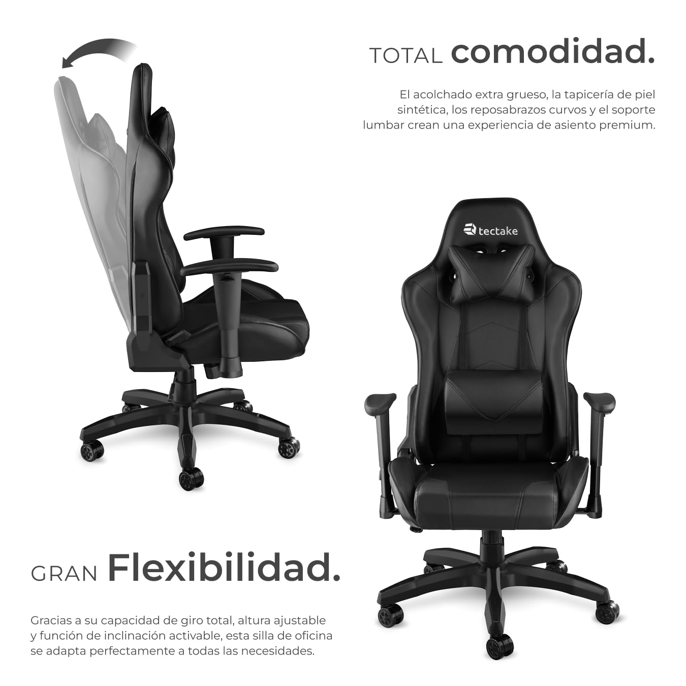 tectake® Silla Escritorio, Silla Ergonómica con Reposabrazos Ajustables, Silla de Estudio Moderna, Silla con Reposacabezas y Cojín Lumbar Extraíbles, Mecanismo Basculante, Rotación 360° - Negro/Negro