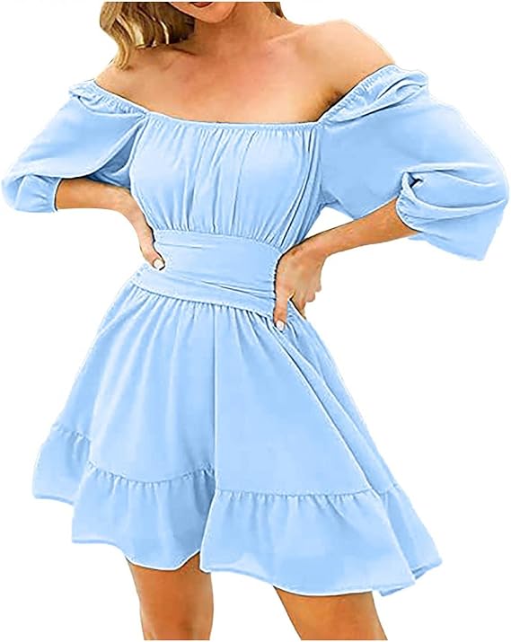 Amazon Co Jp Dress ワンピース レディース 半袖 きれいめ 肩見せ ボートネック ミニワンピース 無地 ウエストマーク フリル ドレス ミニ丈 膝上 カジュアルワンピース ベルスリーブ おしゃれ 普段着 ゆったり 気質 エレガント 代 30代 40代 服 ファッション小物