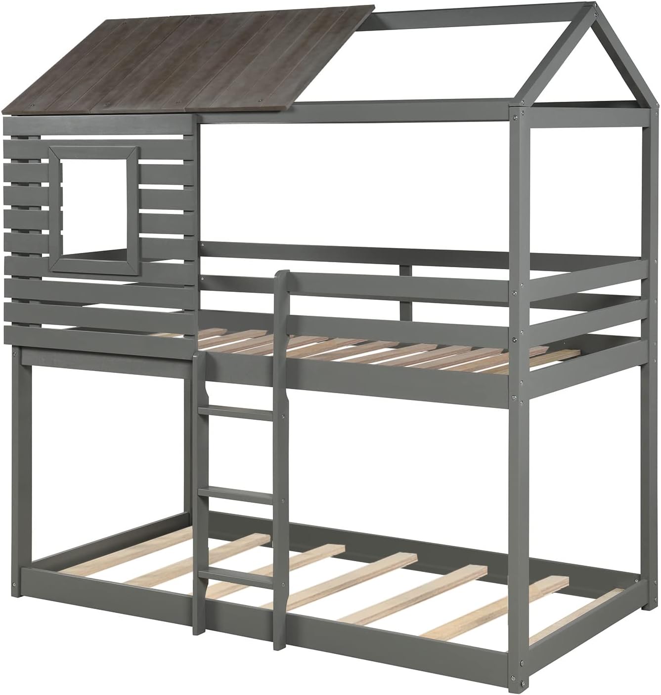 Bellemave House Bunk Beds, Twin Over Twin Playhouse Bunk Bed Frame with Ladder, Floor Bunk Bed for Kids Teens Boys Girls, Gray