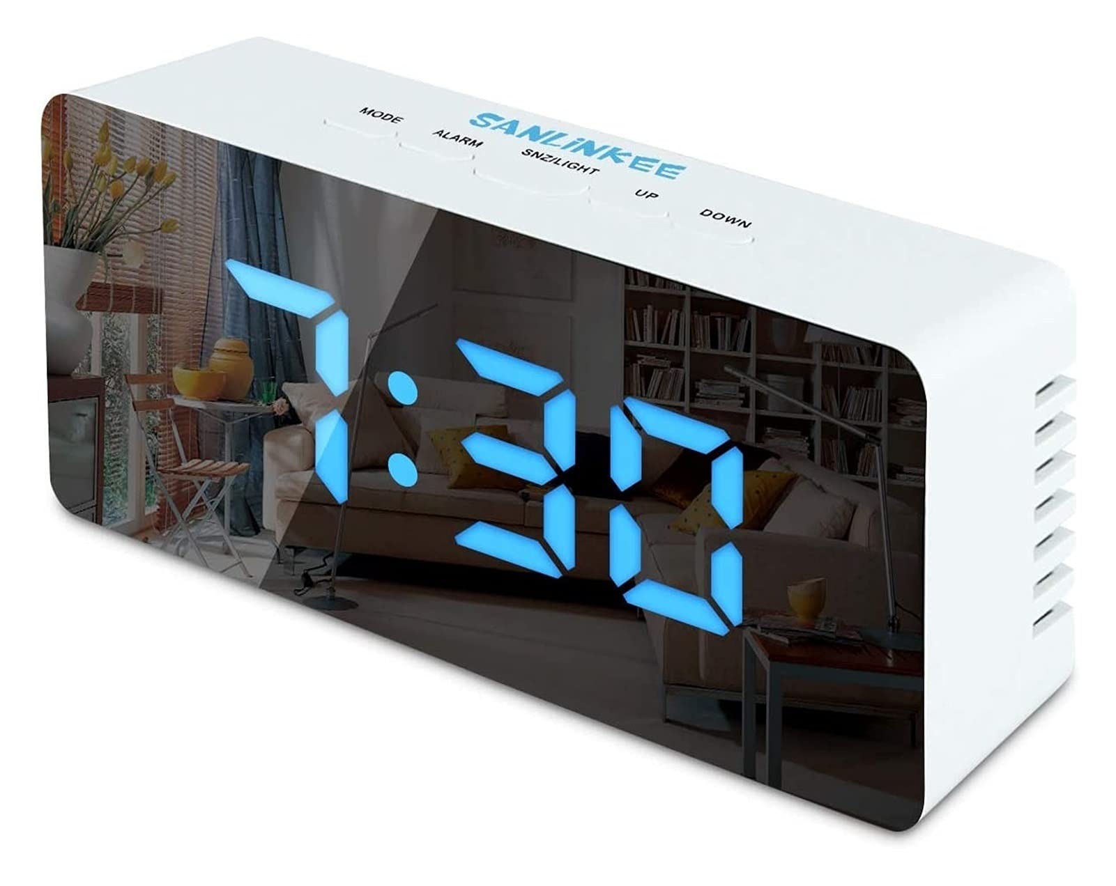 Alarm Clock Digital,Bedside with Snooze Time Temperature Mirror Surface Function LED Digital Clock for Office USB Powered & Battery Backup Powered