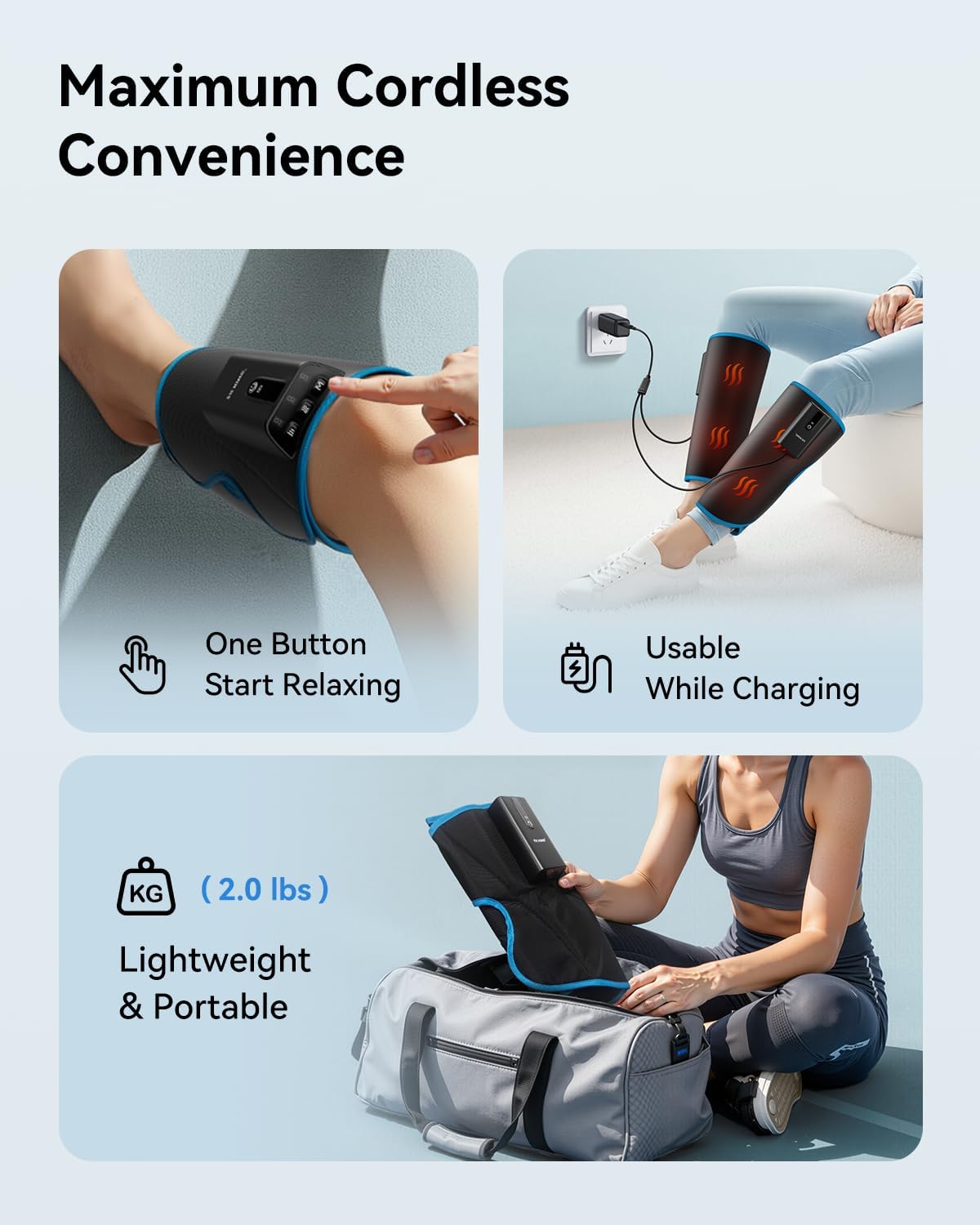 FIT KING Cordless Calf Massager with Heat & Compression – Rechargeable Leg Massager for Circulation, Edema, RLS & Pain Relief, 3 Heat Levels, 3 Modes & Intensities, Portable Gift for Mom, Dad, Athlete - Image 7