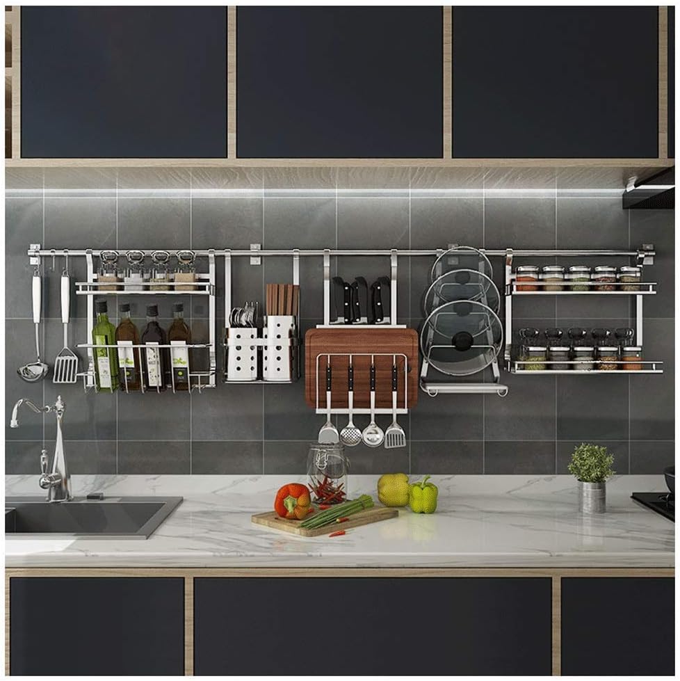 MYPNB Kitchen shelf Kitchen Shelves Wall Mounted Wall Spice Rack Organiser Stainless Steel with Adjustable Hooks for Herbs & Spices Jars, Bottle (Size : 190cm) (Size : 200cm)